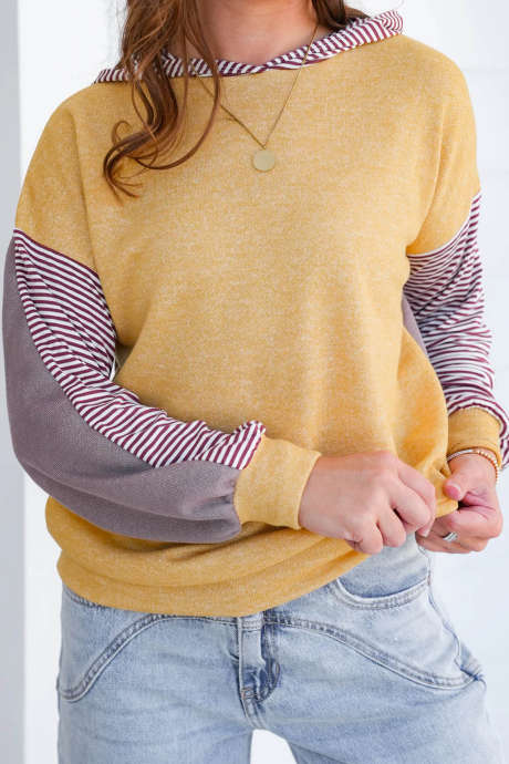 Yellow Cream Colorblock Hooded Tunic Sweatshirt Long Sleeve Casual Daily Wholesale