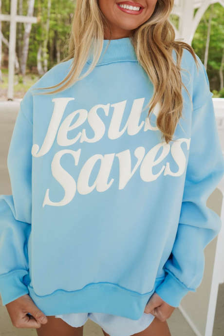 Mist Blue Jesus Saves Slogan Stand Neck Long Sleeve Regular Fit Casual Sweatshirt