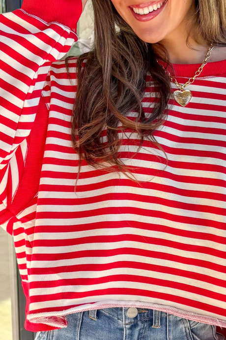Red Stripe Striped Long Sleeve Pullover Casual Regular Fit Round Neck Sweater