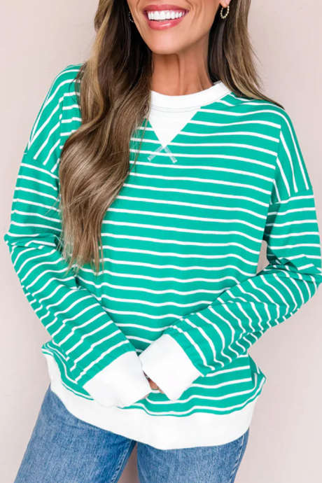 Green Stripe Striped Long Sleeve Casual Shift Pullover for Daily Wear
