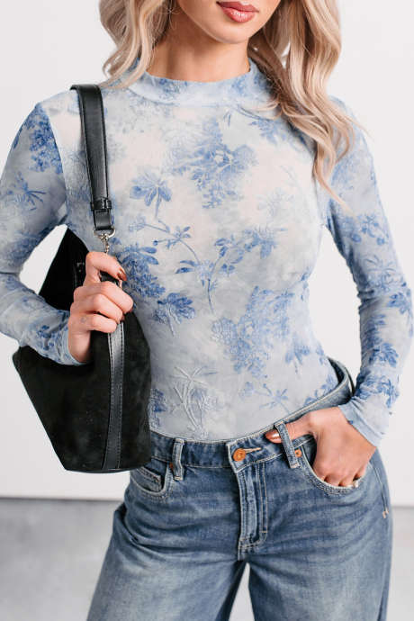 Sky Blue Floral Mesh Long Sleeve Sheath Bodysuit Casual Daily Wear