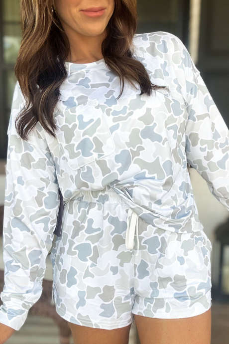 Beige Casual Camouflage Long Sleeve Two Piece Set Pants