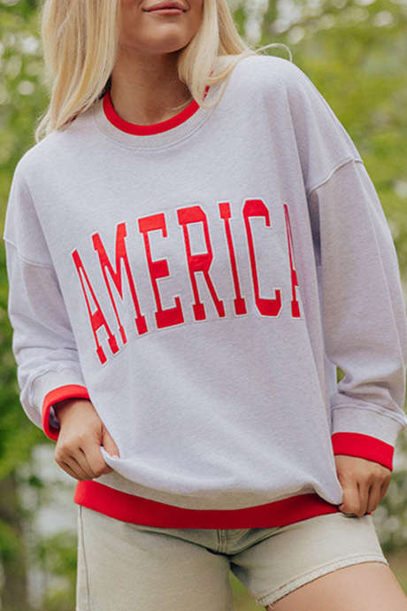 Light Grey America Slogan Crewneck Sweatshirt Casual Loose Fit Long Sleeve Regular Length Pullover