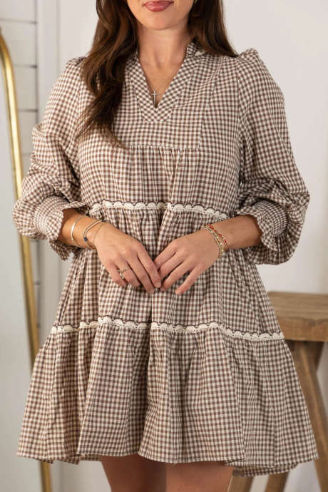 Brown Plaid Dress Short Sleeve Casual Shift Style
