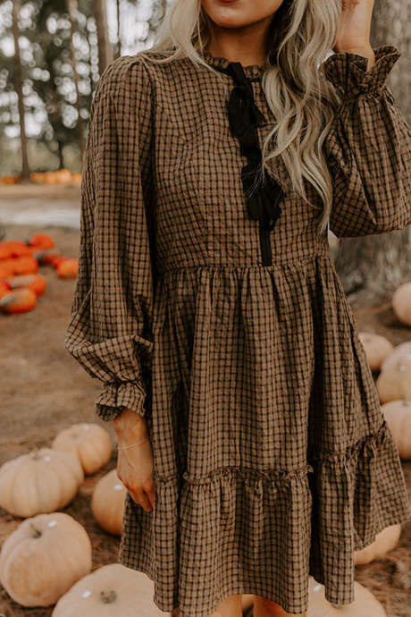 Brown Plaid Shift Dress with Knot Detail Long Sleeve Short Casual Dress