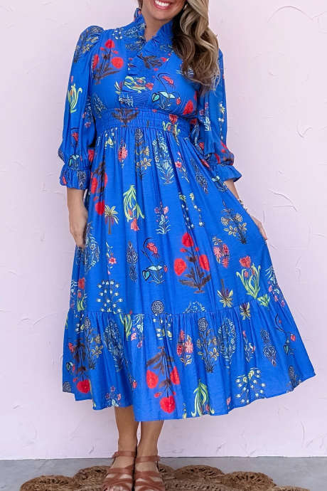 Blue Floral Print Long Dress Casual Daily Wear Shift Silhouette