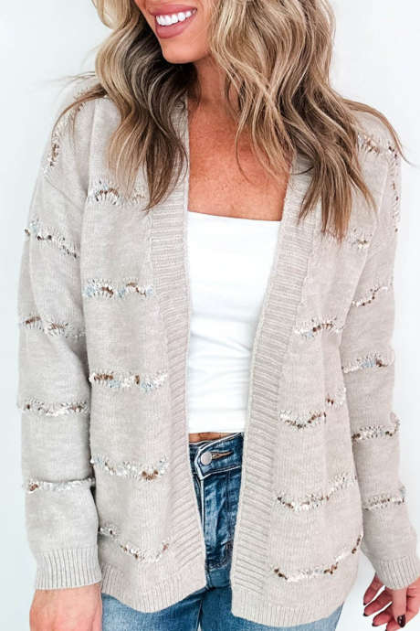 Gray Casual Striped Open Front Cardigan Long Sleeve Tunic Sweater