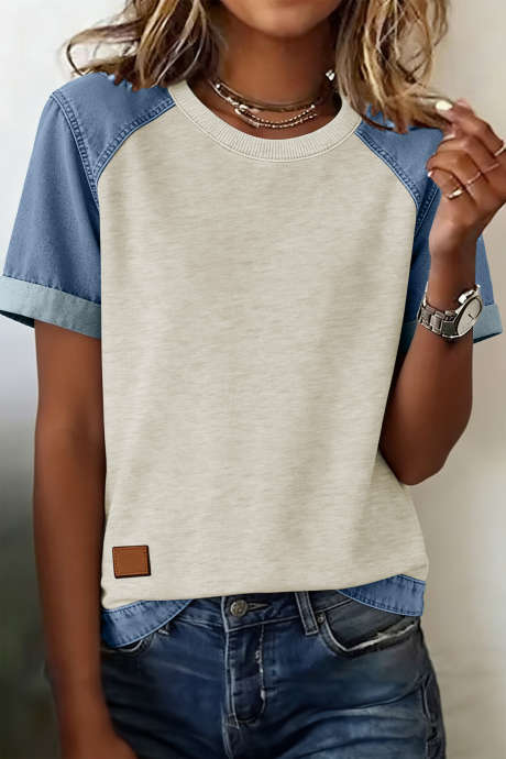 Beige denim T-shirt met kleurblokken en patchwork rond de hals