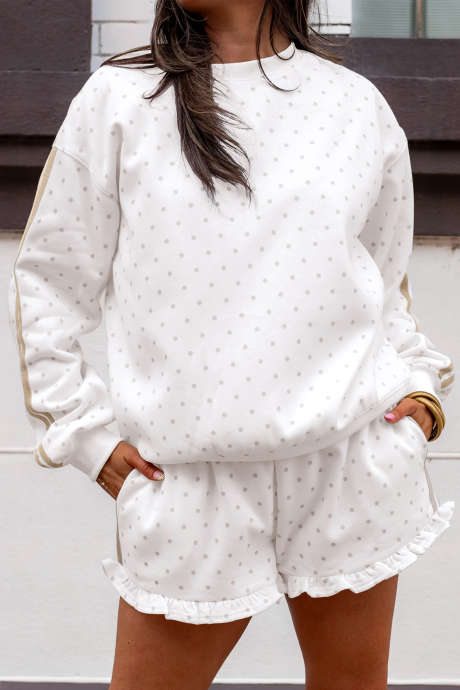 Sweatshirt Kasual Motif Polkadot Putih dengan Detail Garis Samping, Set 2 Potong Celana Pendek
