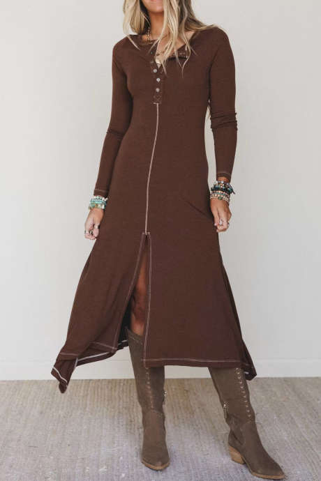Coffee Casual Long Sleeve Button Front Shift Dress Daily Wear