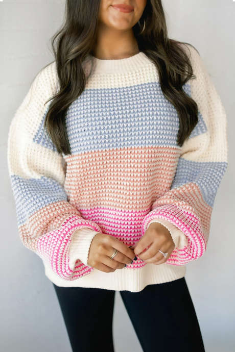 Mapusyaw na Asul na Kulay Block Drop Shoulder Knit Loose Pullover Sweater