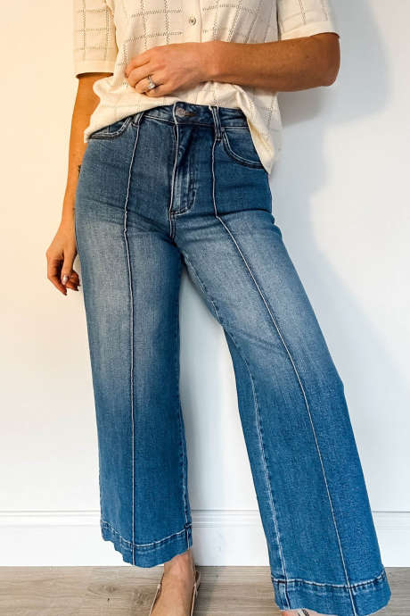 Sail Blue High-Waist Wide-Leg Ankle-Length Casual Jeans with Pocket Detail Denim Pants