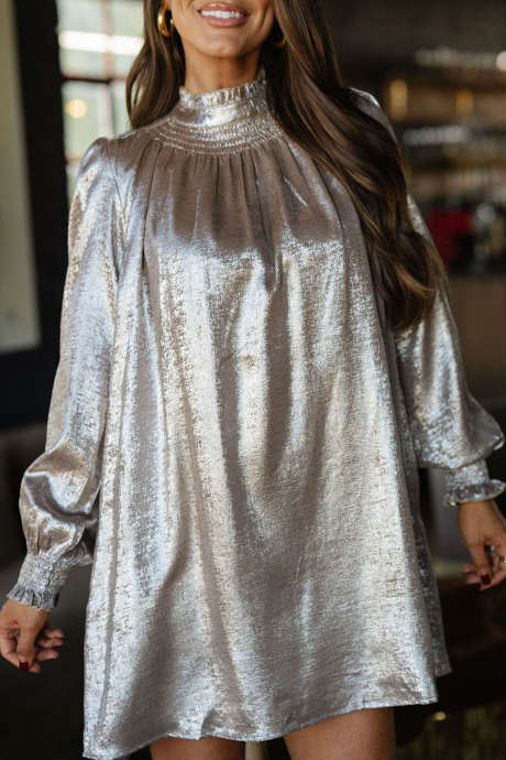Silvery Metallic Shift Dress Long Sleeve Stand Neck Short Casual