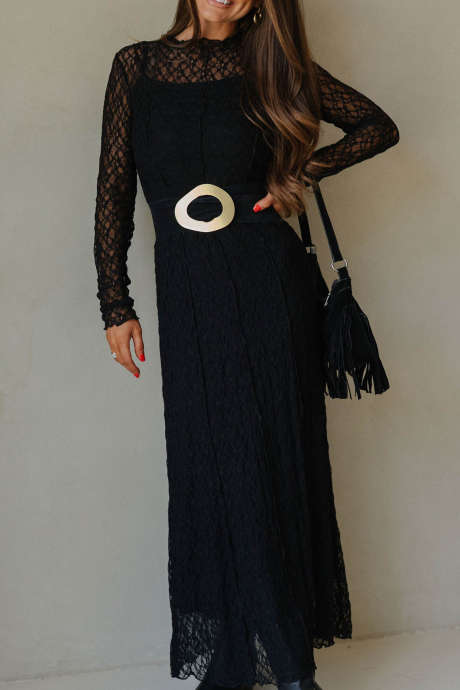 Black Long Sleeve Lace Shift Dress with High Neckline and Floral Pattern