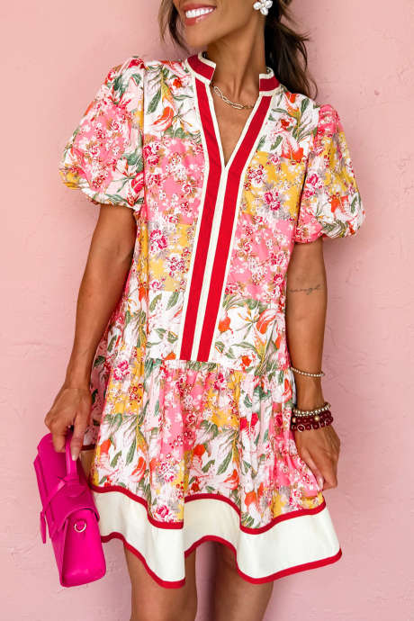 Pink Color Block Floral Print Contrast Trim V Neck Ruffle Hem Mini Dress LC6128095-P1020
