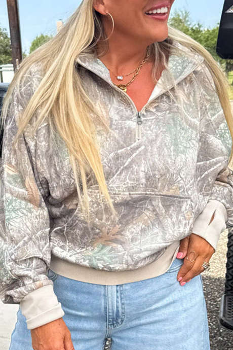 Khaki Camo Print Quarter-Zip Pullover Hoodie Long Sleeve Casual Tunic Tops