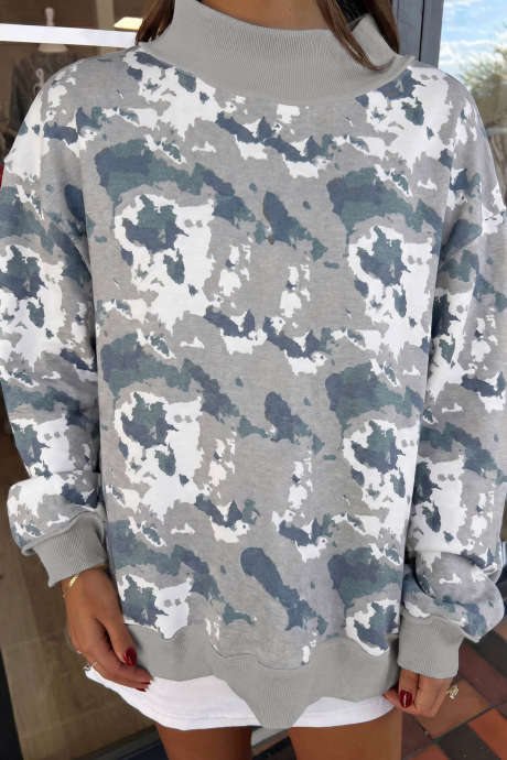 Multicolour Camouflage Print Stand Neck Long Sleeve Casual Sweatshirt Regular Fit Pullover