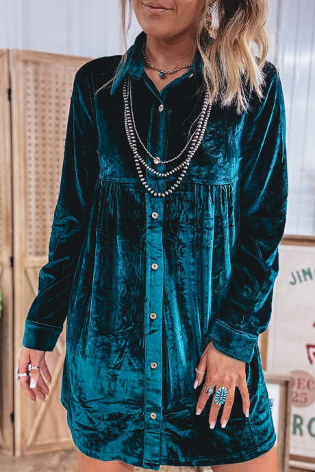 Prussian Blue Long Sleeve Button Front Shift Dress Casual Daily Wear Short Length Velvet Fabric