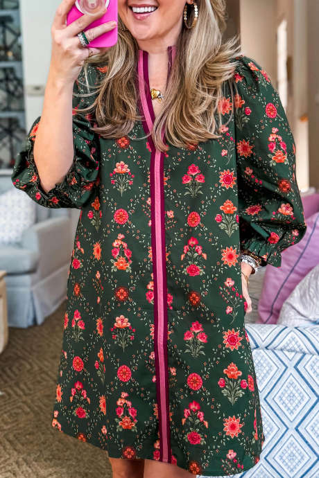 Green Floral Print Shift Dress with Contrast Trim and Pockets
