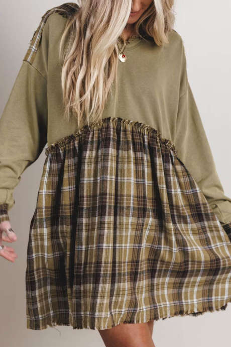 Green Long Sleeve Plaid Shift Dress Casual Short Daily Wholesale