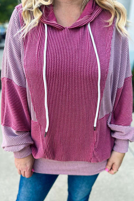 Heather Colorblock Ribbed Knit Hoodie Tunic Long Sleeve Casual Pullover