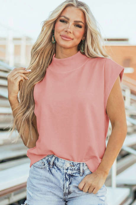 Top roz, culoare solidă, cu guler înalt și mânecă scurtă, lejer, LC25136889-P10