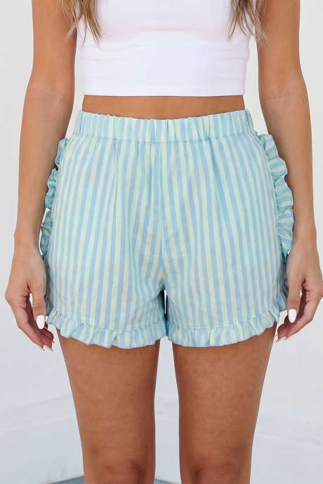 Pantaloni scurți casual albastru-cel cu dungi elastice și volane