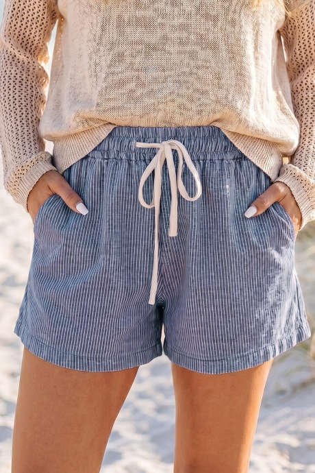 Pantaloni scurți casual din denim cu dungi albastre și șnururi pentru talie elastică
