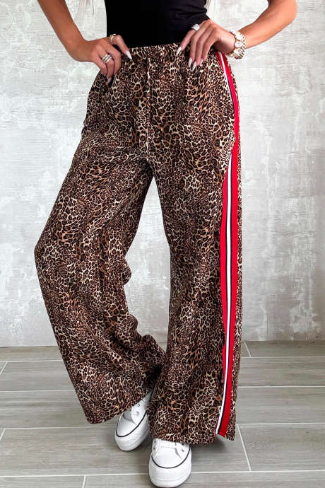 Brown Casual Leopard Print Full-Length Wide Leg Pants with Side Stripe Detail