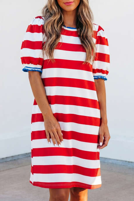 Red Stripe Contrast Trim Round Neck Maikling Puff Sleeve Shift Mini Dress