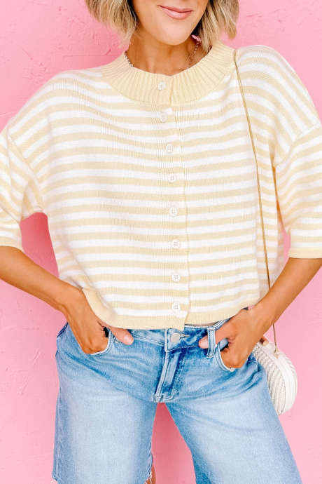 Yellow Stripe Striped Half Sleeve Button Front Casual Shift Cardigan