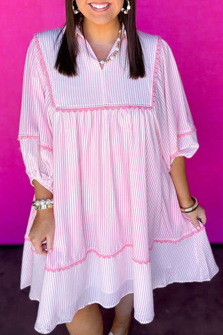 Pink Stripe V Neck Striped Shift Dress Bracelet Sleeve Casual Short One Piece Daily Wear