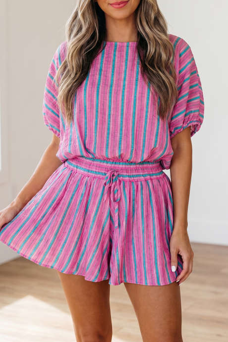 Pink Stripe Dolman Short Sleeve Blouse Drawstring Elastic Waist Loose Short Set LC629227-P1019