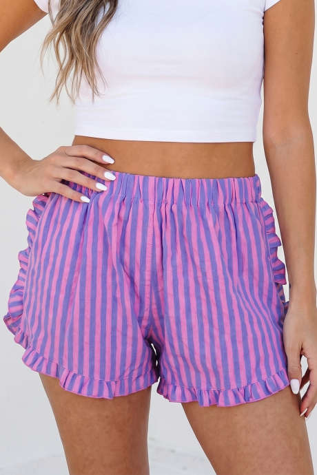 Pantaloni scurți casual cu talie elastică și volane, cu dungi roz