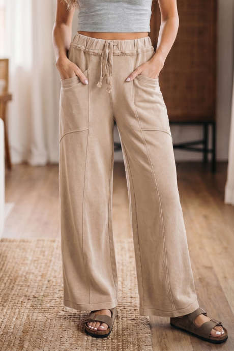 Smoke Gray Mineral Wash Drawstring Retro High Waist Wide Leg Western Pants
