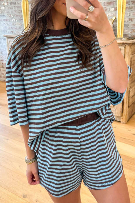 Brown Stripe Striped Short Sleeve Shift Two Piece Set Casual Daily Pocket Pantsuit