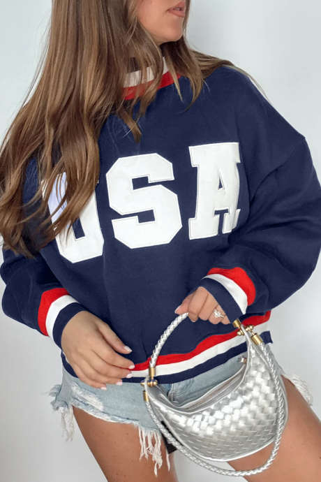 Dirty blue USA Slogan Patch Embroidery Colorblock High Neck Long Sleeve Pullover Sweatshirt