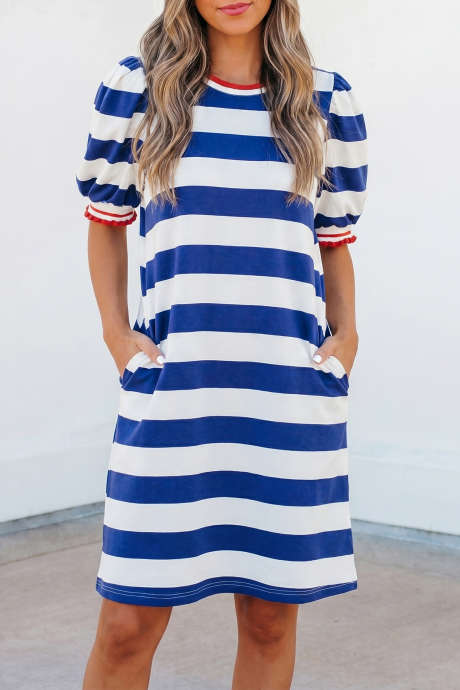 Maikling Dress na may Puff Sleeve na may Asul na Guhit at Kontras na Trim na Bilog na Leeg