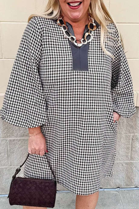 Black Plaid V Neck Shift Dress Casual Short Sleeve Daily Wear Wholesale