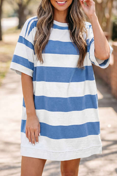 Kaswal na Damit na may Kulay Asul na Guhit na may Tahi at Detalye ng Balikat