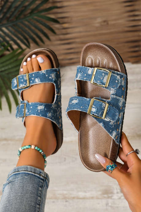 Sky Blue Denim Distressed Retro Buckle Straps Hollowed Faux Suede Slippers BH024172-P205