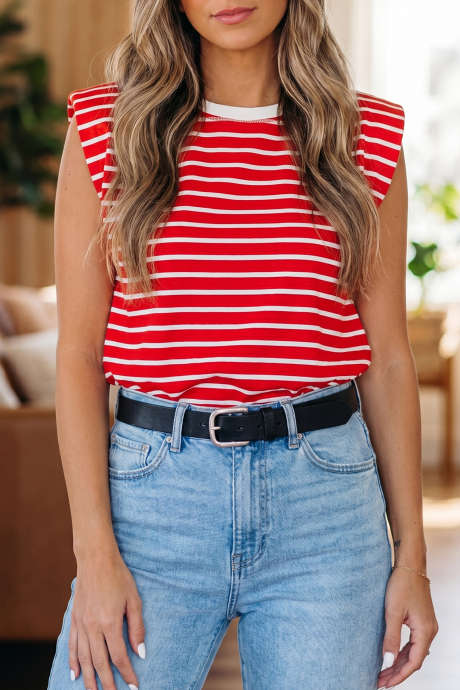 Red Stripe Ribbed Round Neck Trim Loose Tank Top