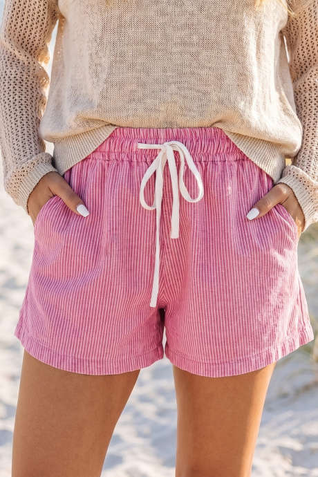 Pantaloni scurți casual din denim cu dungi roz și șnururi pentru talie elastică