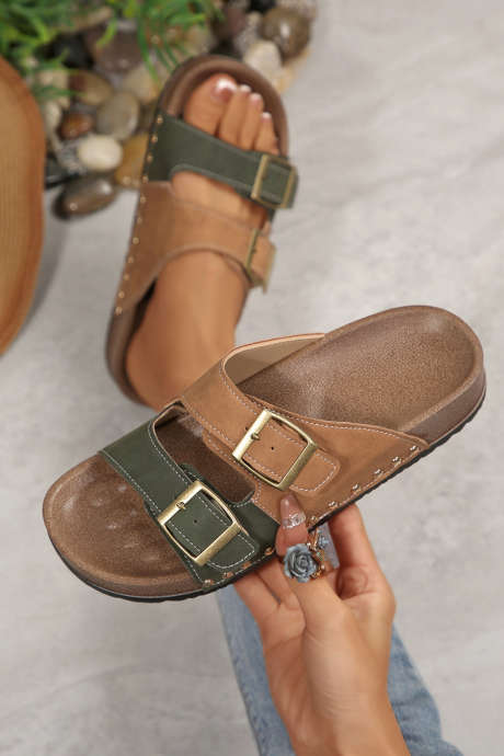 Blackish Green Retro Buckle Cutout Straps PU Leather Studded Slippers BH024395-P309