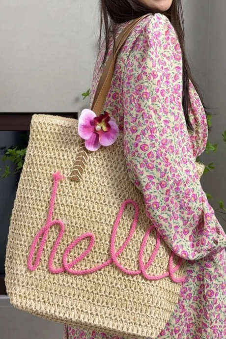 Khaki Hello Boho Handwoven Floral Accent Travel Tote Bag BH031649-P16