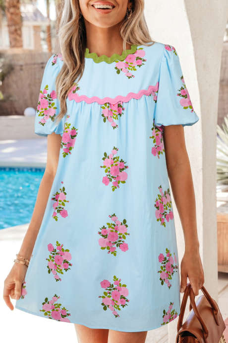 Rochie albastru-cel cu imprimeu floral contrastant și detaliu Ricrac, mâneci bombate, LC6128865-P420