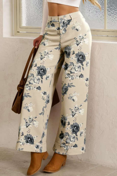 Blugi bej cu imprimeu floral retro și manșete răsucite la tiv