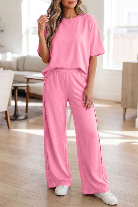 Sachet Pink Solid Cover Oversized T-shirt na may Bulsa na Kaswal na Pantalon na may 2 pirasong Kasuotan