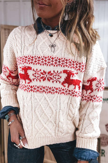 White Cable Knit Christmas Reindeer Pattern Western Style Sweater