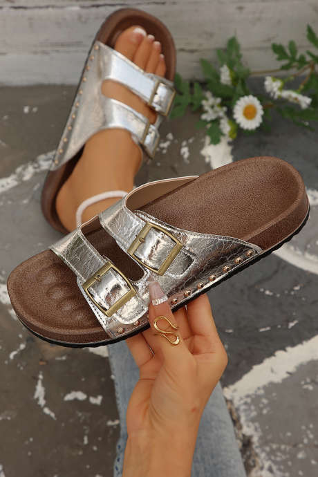 Silvery Retro Buckle Cutout Straps PU Leather Studded Slippers BH024395-P13